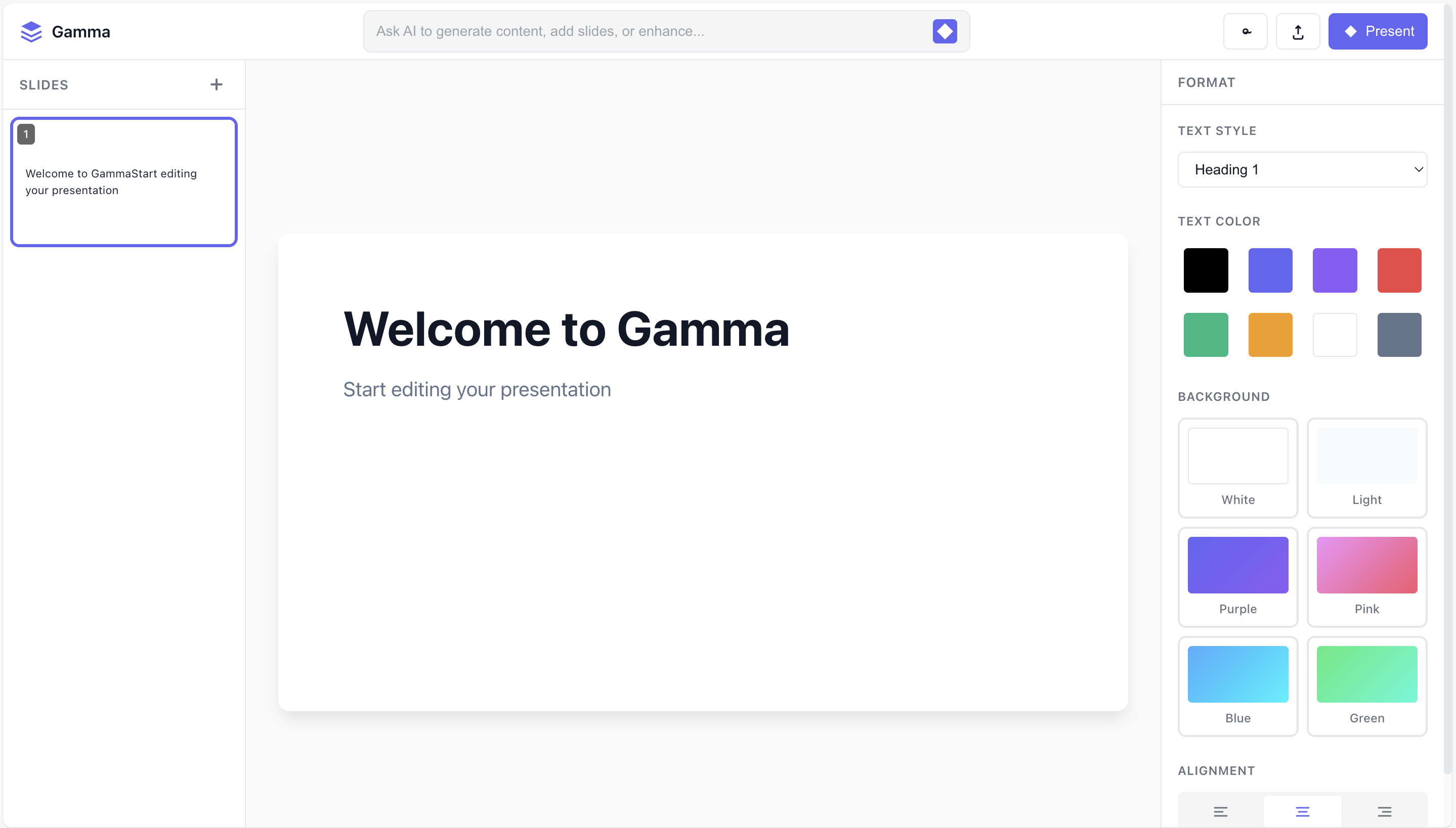 Showcasing Gamma's intuitive AI-powered content creation interface with seamless workflow and instant results